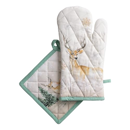 100% Cotton Oven Mitt & Pot Holder Set (049 - Deer in the Woods / 7.5" x 13" & 8" x 8" (Oven Mitt & Pot Holder))