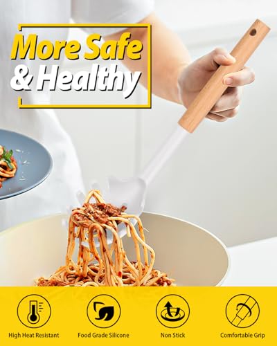 Silicone Soup Ladle and Pasta Spoon Set with Wooden Handle (2 Count)