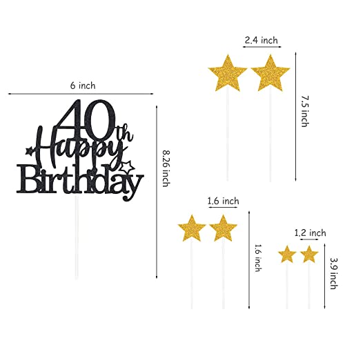 Black Gold 40th Birthday Cake Topper with Glittery Stars (7 Count)