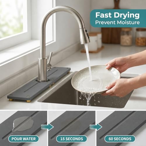 2PCS Stone Faucet Mat for Kitchen Sink (24"x 4" - Dark Gray - Gold)