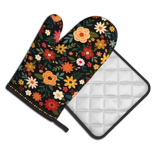 Boho Floral Oven Mitts and Pot Holder Set of 2 Colorful Flower Heat Resistant Hot Pads Non Slip Washable for Kitchen Cooking Grilling BBQ (Black Floral)