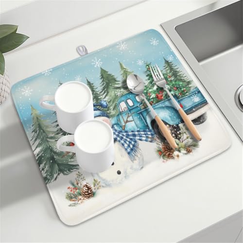 Winter Snowman Blue Dish Drying Mat Xmas Truck Dishes Pad 16"x18" Microfiber Absorbent Drainer Rack Mats Protector for Kitchen Counter Sink (Blue Snowman Truck / 16x18 inch)