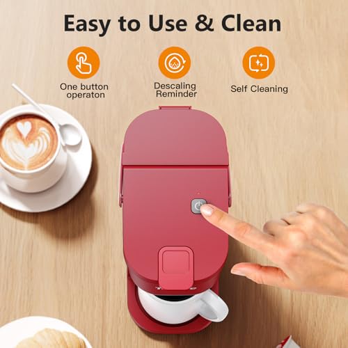 Mini Single Serve Coffee Maker for K Cups and Grounds with Handle (Vintage Red)