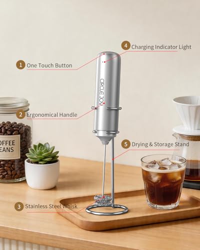 Rechargeable Milk Frother Handheld with Stand (Stand Silver)