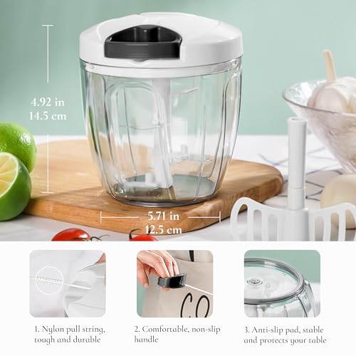 Pull‑String Manual Food Chopper with Sharp Blades (Black/White / 900 ml)
