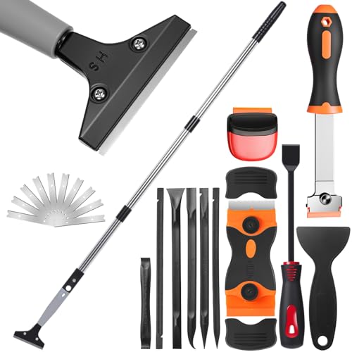 12 Pcs Floor Scraper Tool Set 52" Long Handle Metal Razor (Bright)