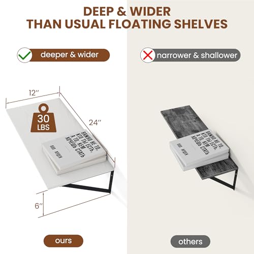 24W x 12D Deep Floating Shelves Set of 2 White (White With Black Metal Bracket / 24wx12dx5.8h)
