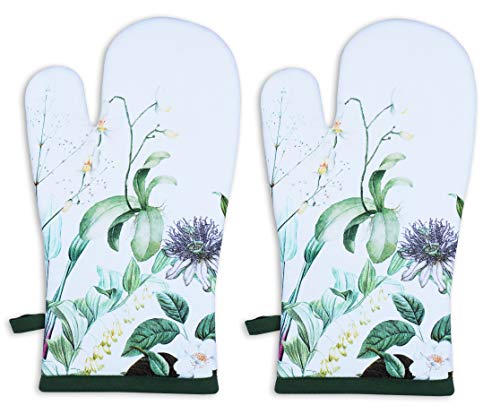 Oven Mitts Set of 1 Quilted Liner with Hanging Loop Non Slip (7x13 inches / Floral Shrubs)
