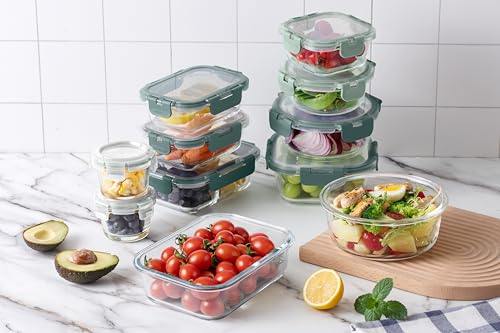 Premium 32 Pc. Borosilicate Glass Food Container Set with Dividers (Ombre Green)