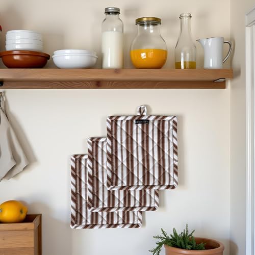 Double Stripe Pot Holders Heat Resistant Cotton Set of 3 Nonslip 8"x8" Inch Hot Pads for Kitchen (8x8 inches / Double Stripe Brown)