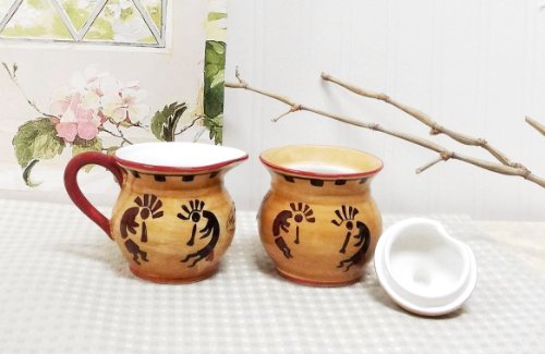 Western Kokopelli Hand Painted Ceramic Creamer & Sugar Set (Western Kokopelli)