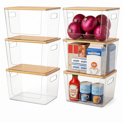 6 Pack Clear Stackable Storage Bins with Bamboo Lids (6 Count)