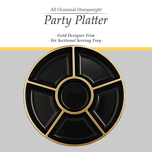 6 Sectional Round Plastic Serving Tray (Black & Gold)