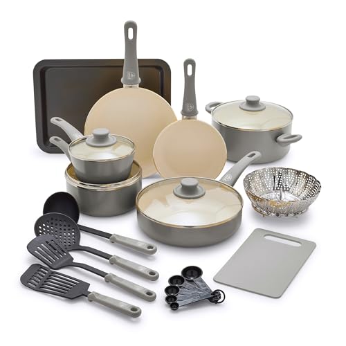 Soft Grip Healthy Ceramic Nonstick 18 Piece Kitchen Cookware Pots and Frying Sauce Saute Pans Set (18 Piece Cookware Set / Gray)