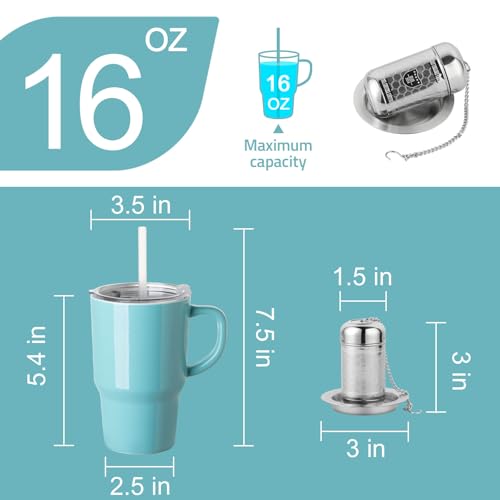 Sweejar Ceramic Tea Cup with Lid (Turquoise / Travel Cup(16 Fl Oz))