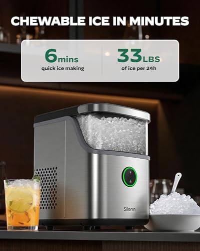 Nugget Ice Maker Countertop with Detachable Basket and Handle (Stainless Steel-Detachable / 33 lbs)