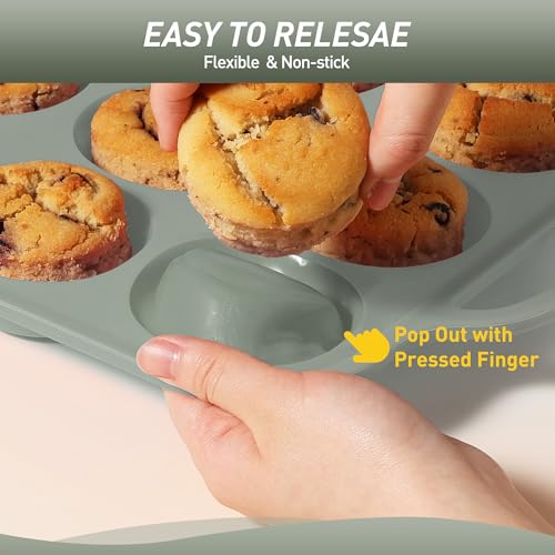 2 Packs 12 Cups Silicone Muffin Pan with Metal Reinforced Frame Regular Size Cupcake Pan Tray Egg Bites Silicone Circle Cookie Molds Muffin Tin Tart Pans Baking Sheet Set for Breakfast Sandwiches (Regular / Morandi Green)