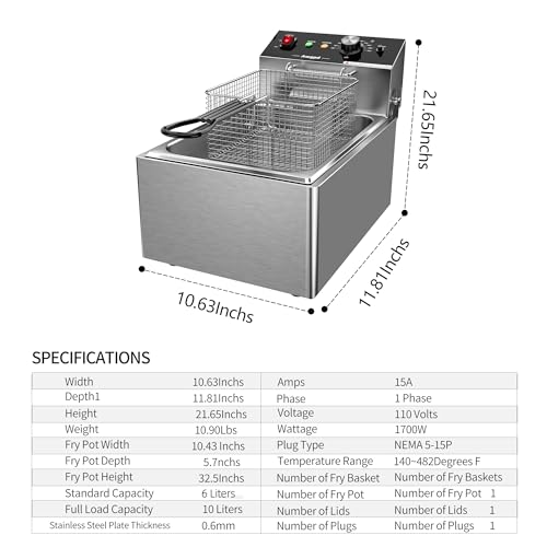 Electric Deep fryer Single Tank Deep Fryer with Basket Capacity 10L