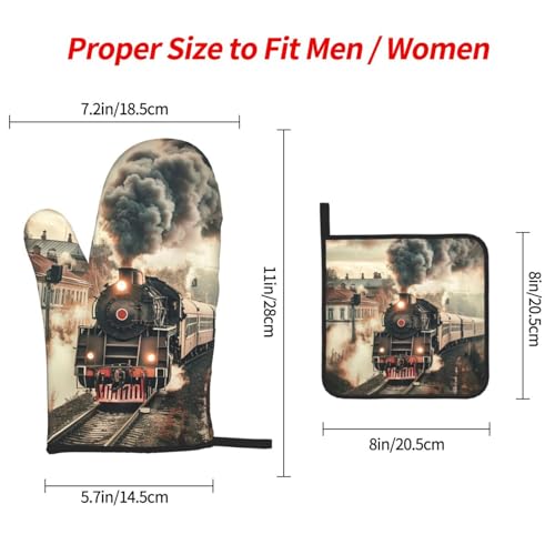 Train Travelling Oven Mitts and Pot Holders Sets of 3 Heat Resistant Oven Gloves Hot Pads Non (Train Travelling)