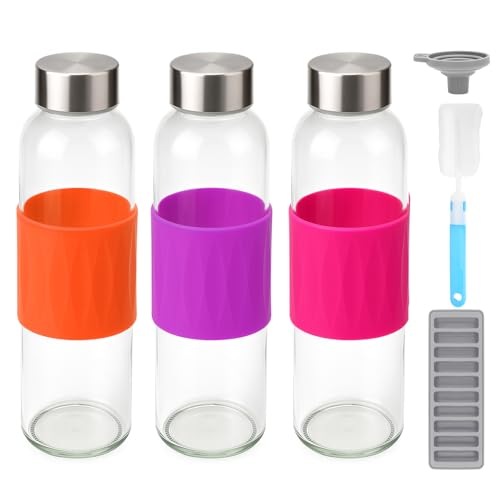 18 oz Glass Juice Bottles with Stainless Steel Lid Leak Proof 3 Pack (Orange Purple Red)
