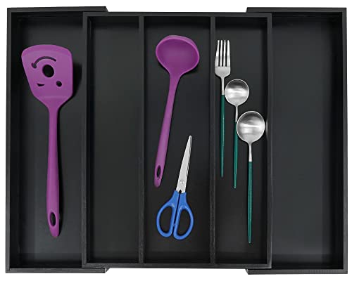 Bamboo Drawer Organizer Kitchen Utensils (Black / Large)