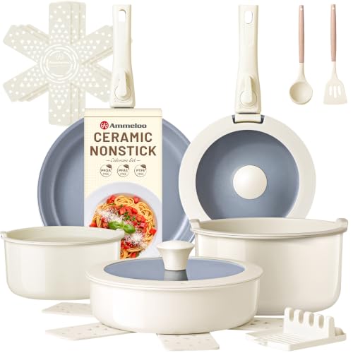 18 Piece Ceramic Pots and Pans Set Non Stick (Cream White)