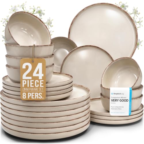 24 Piece Stoneware Dinnerware Set for 8 (Rustic / Beige / Set for 8 (24pcs))
