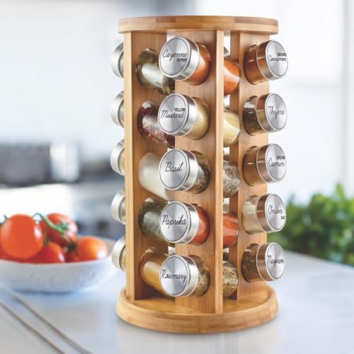 20 Jar Rotating Bamboo Spice Rack with Spices Included & 5