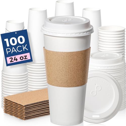 100 Pack 24 oz Disposable Coffee Cups with Lids (24 oz / Classic)
