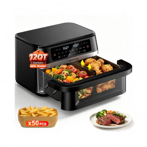 12QT Dual Basket Air Fryers with Dvider & 50PCS Paper Liners (12 Quart)