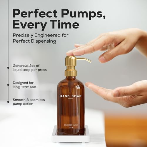 Luxury Glass Hand and Dish Soap Dispenser Set with Tray by Brighter Barns (Amber/Gold Hd)