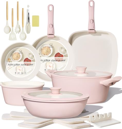 23pcs Ceramic Pots and Pans Set (Pink 23 Pcs)