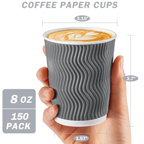 150 Pack 8 oz Coffee Cups Disposable Insulated Paper Cup Gray (Gray / 8 oz-150)