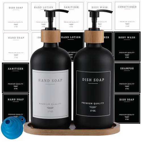 Black Glass Soap Dispenser (Black Bottle + 14 Labels + Funnel + Tray)