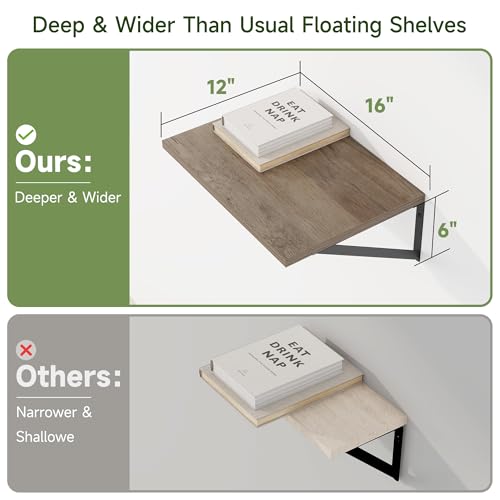 16W x 12D Deep Floating Shelves Set of 4 Grey (Grey With Black Metal Bracket / 16Wx12Dx5.8H)