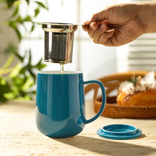 Porcelain Teacup with Infuser and Lid (Steel Blue)