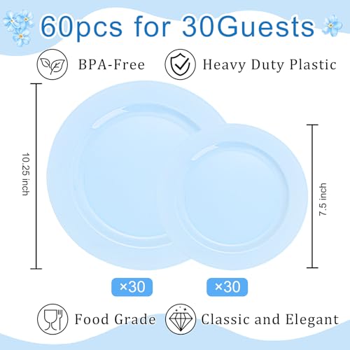 60PCS Light Blue Heavy Duty Plastic Disposable Party Plates Set (60 / Baby Blue)
