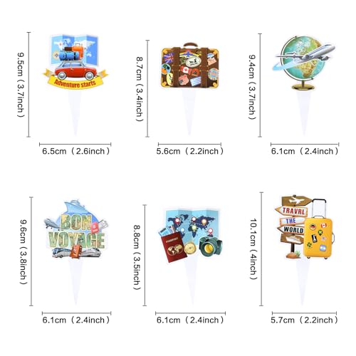 36PCS Double sided Adventure Travel Cupcake Toppers Airplane Globe Map Suitcase Bon Voyage Cupcake Picks for Adventure Travel Baby Shower Boys Girls Birthday Wedding Party Decoration (Travel)