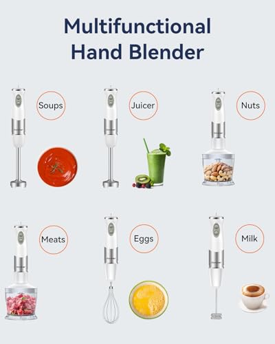 Immersion Blender Handheld 1000W 5 in 1 Corded Stick Hand Blender Kitchen with 12 Speed (White)