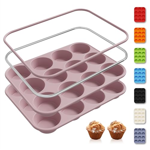 2 Pack 12 Cups Muffin Pan with Metal Reinforced Frame Regular Size Silicone Molds Cupcake Cake Baking Pans Cookie Baking Chocoflan Cupcake Mold Silicone Egg Bite Molds Baking Items Stuff (2pc: 12-Cup Regular / Morandi Pink)