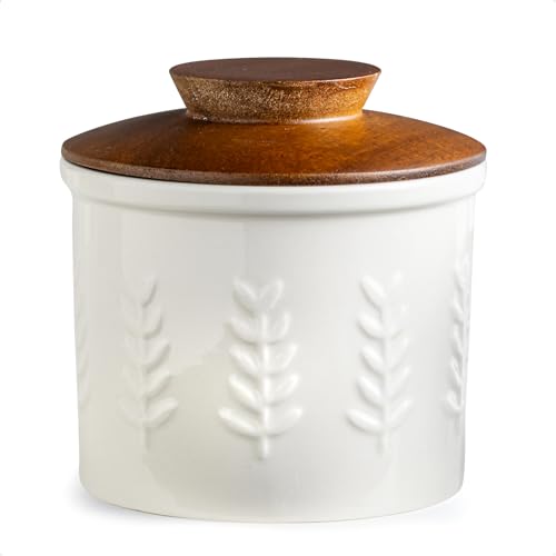 Butter Crock Ceramic Butter Dish with Lid for Countertop (White / Leaf-3.94"dia)