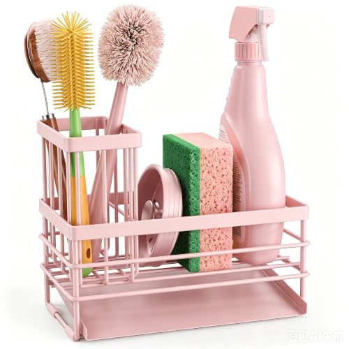 Pink Sink Caddy Sponge Holder for Kitchen with Brush Holder and Stainless Steel Self Drain Tray (8.26'' / Pink)
