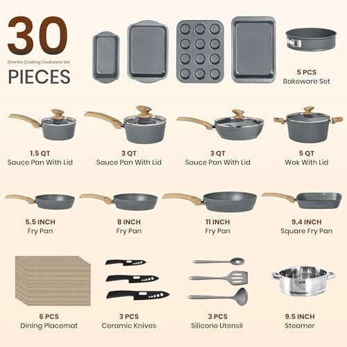 30 Piece Induction Cookware & Bakeware Set (30 PCS Cookware Set / Gray)