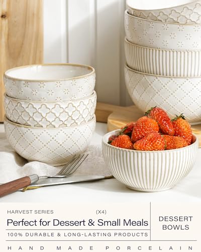 Ceramic Bowl Small Soup Bowls Set of 4 with Assorted Embossment (4.5" x4)
