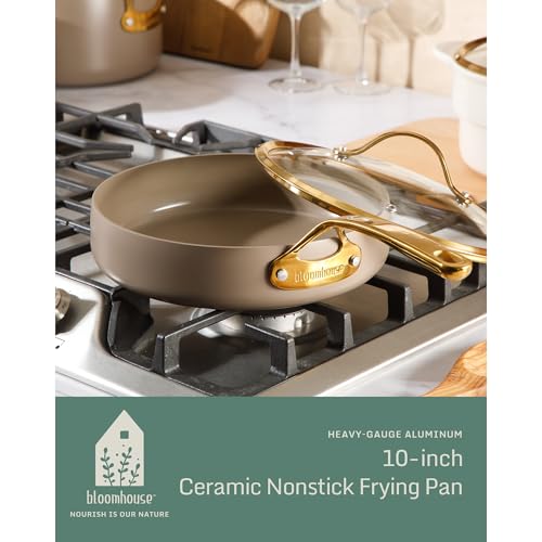 Non Stick Ceramic Frying Pan (Cappuccino Cream w/ Gold Handle / Deep Fry Pan w/ Lid (10-Inch))