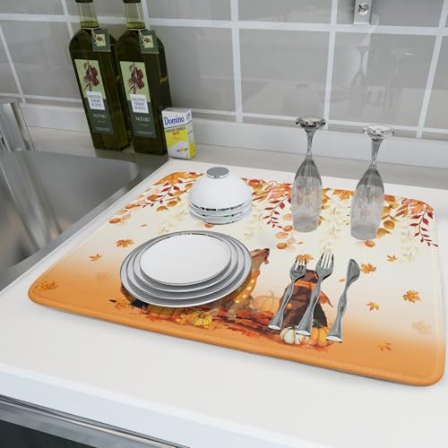 Fall Dogs Dish Drying Mat Autumn Leaves Reusable Dishes Pad 18"x24" Holiday Microfiber Quick Dry Dish Drainer Rack Mat for Kitchen Counter (Fall Dogs / 18x24 inch)