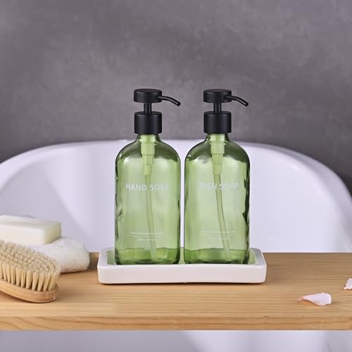 Glass Kitchen Soap Dispenser Set with Ceramic Tray (Green Bottles + Black Pumps)