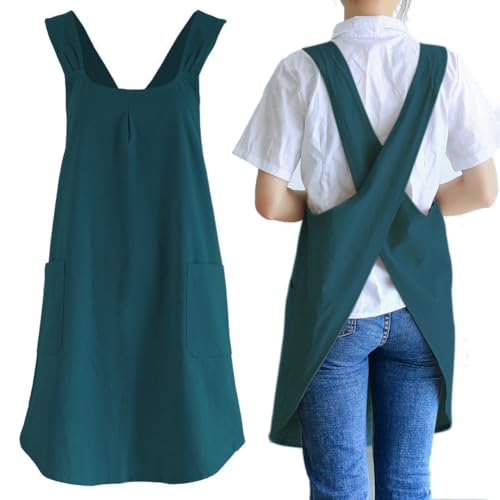 Japanese Cotton Cross Back Kitchen Cooking Aprons for Women with Pockets Cute for Baking Painting Gardening Cleaning Dark Green (07 - Women's Dark Green)