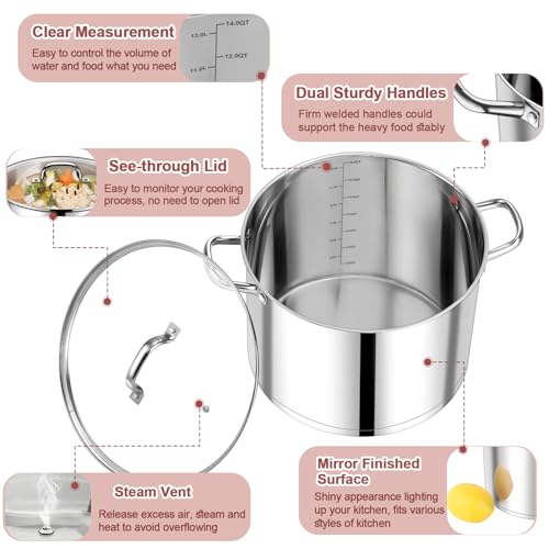 14 QT Stainless Steel Stock Pot with Lid (14 Quarts)