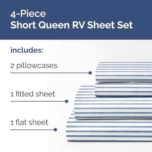 Short Queen Size 4 Piece Bed Sheet Set (43 - Blue Stripes 2 / Short Queen)